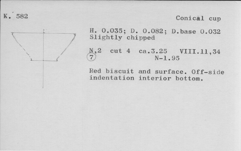 Index card with typed and handwritten information, sometimes including a sketch, of pottery from an excavation.