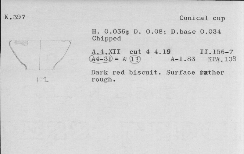 Index card with typed and handwritten information, sometimes including a sketch, of pottery from an excavation.