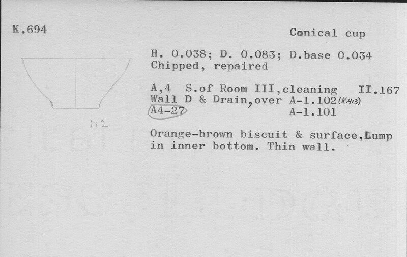 Index card with typed and handwritten information, sometimes including a sketch, of pottery from an excavation.
