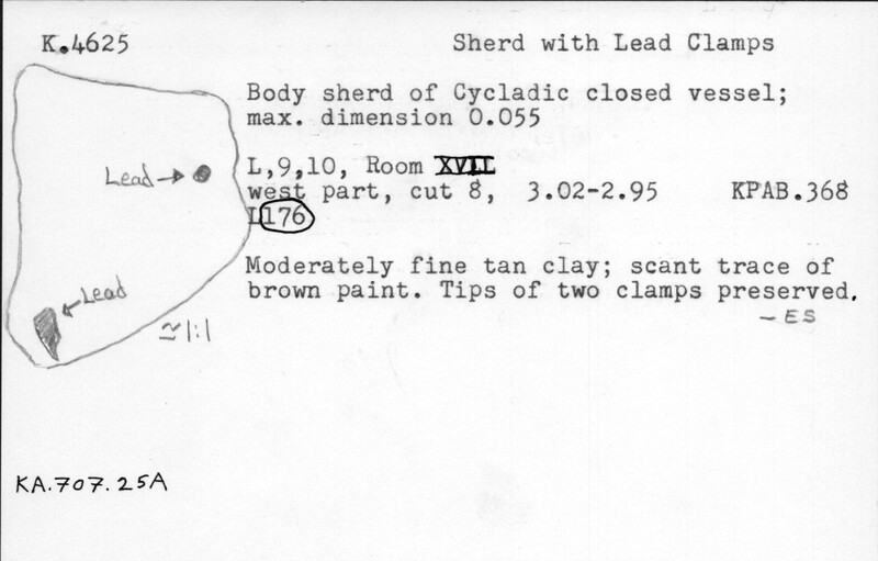 Index card with typed and handwritten information, sometimes including a sketch, of pottery from an excavation.