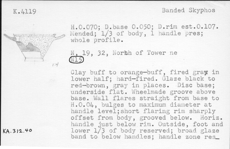 Index card with typed and handwritten information, sometimes including a sketch, of pottery from an excavation.