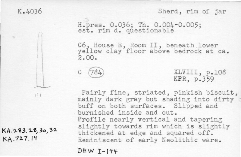 Index card with typed and handwritten information, sometimes including a sketch, of pottery from an excavation.