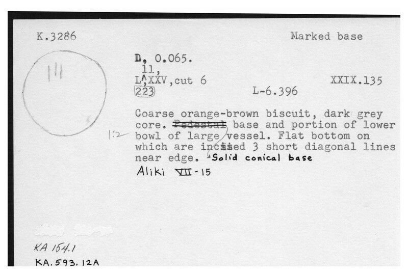 Index card with typed and handwritten information, sometimes including a sketch, of pottery from an excavation.