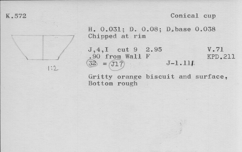 Index card with typed and handwritten information, sometimes including a sketch, of pottery from an excavation.