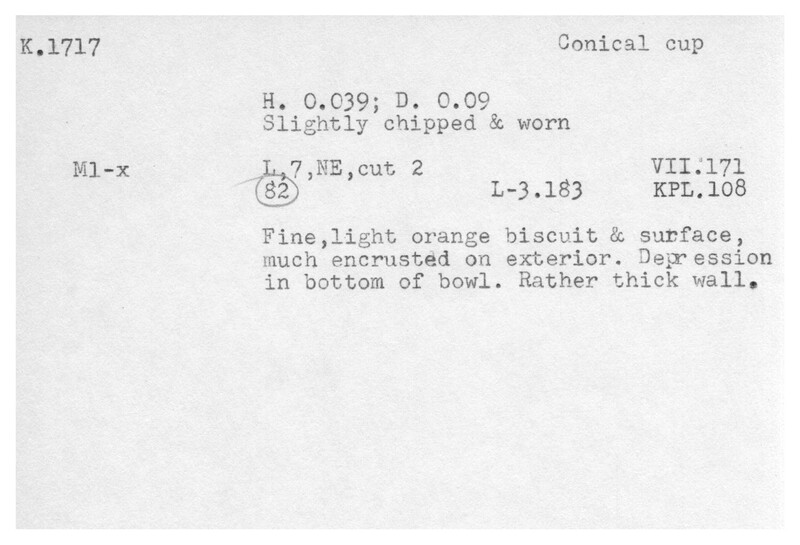 Index card with typed and handwritten information, sometimes including a sketch, of pottery from an excavation.