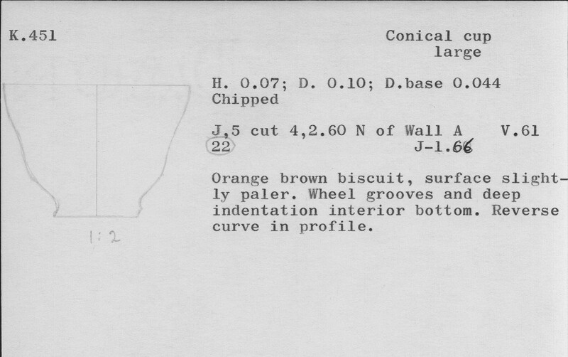 Index card with typed and handwritten information, sometimes including a sketch, of pottery from an excavation.