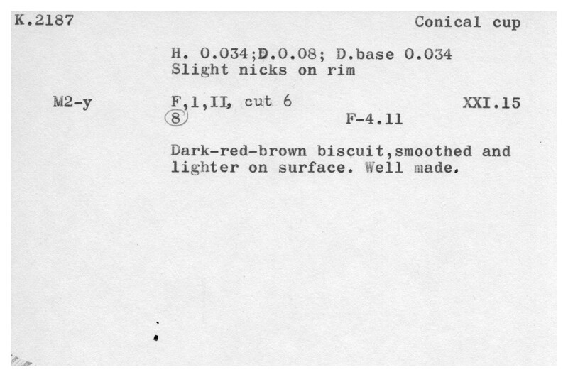 Index card with typed and handwritten information, sometimes including a sketch, of pottery from an excavation.