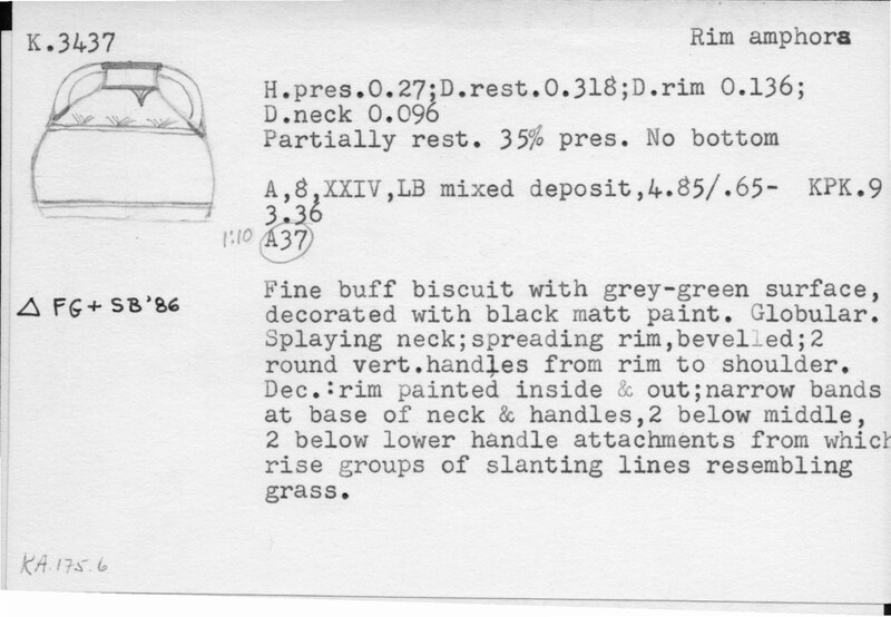 Index card with typed and handwritten information, sometimes including a sketch, of pottery from an excavation.