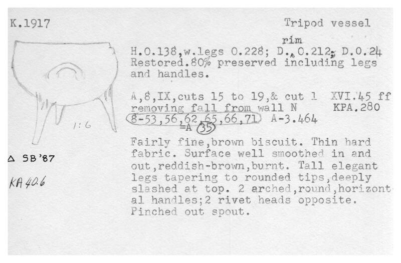 Index card with typed and handwritten information, sometimes including a sketch, of pottery from an excavation.