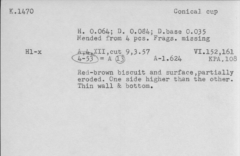 Index card with typed and handwritten information, sometimes including a sketch, of pottery from an excavation.