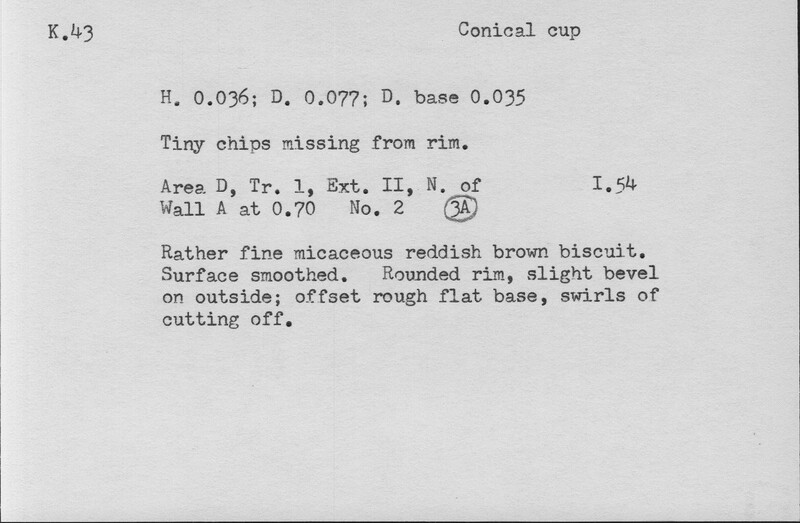 Index card with typed and handwritten information, sometimes including a sketch, of pottery from an excavation.