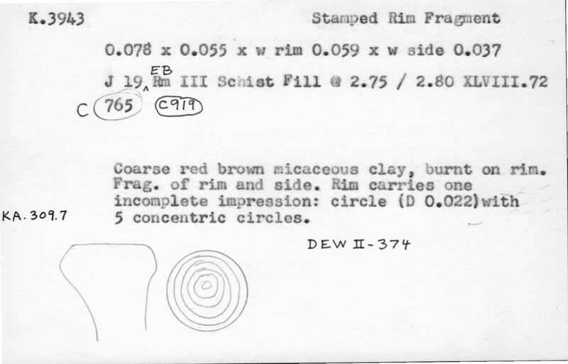 Index card with typed and handwritten information, sometimes including a sketch, of pottery from an excavation.
