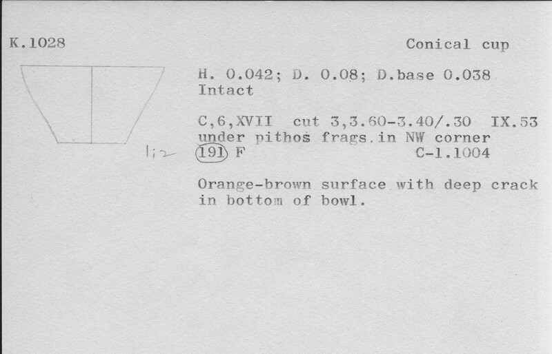 Index card with typed and handwritten information, sometimes including a sketch, of pottery from an excavation.
