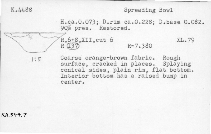 Index card with typed and handwritten information, sometimes including a sketch, of pottery from an excavation.