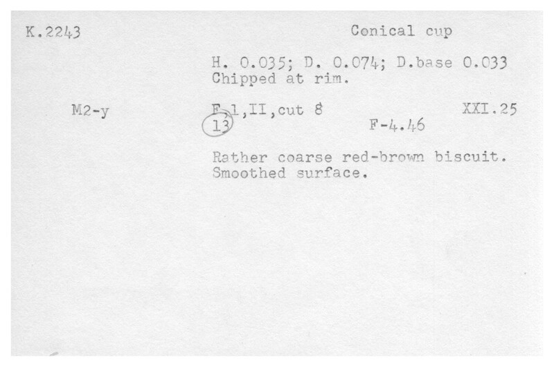 Index card with typed and handwritten information, sometimes including a sketch, of pottery from an excavation.