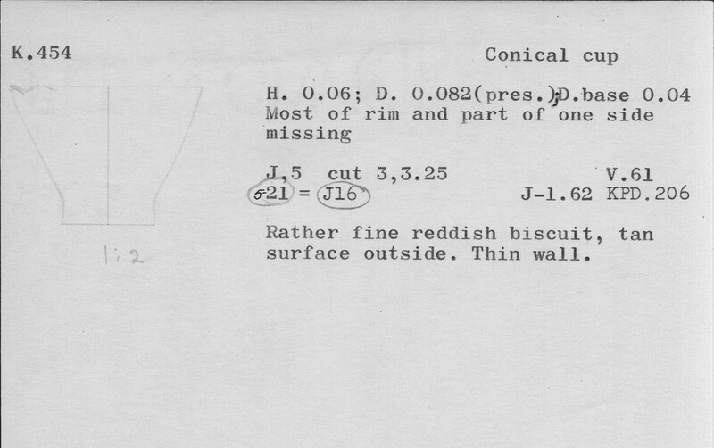 Index card with typed and handwritten information, sometimes including a sketch, of pottery from an excavation.