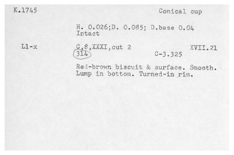 Index card with typed and handwritten information, sometimes including a sketch, of pottery from an excavation.