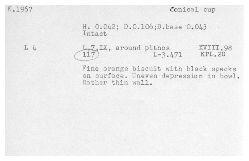 Index card with typed and handwritten information, sometimes including a sketch, of pottery from an excavation.