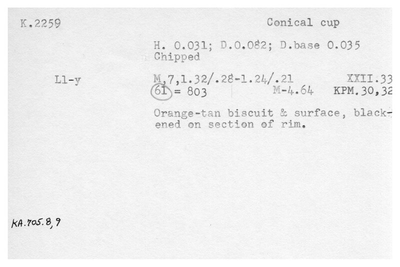 Index card with typed and handwritten information, sometimes including a sketch, of pottery from an excavation.
