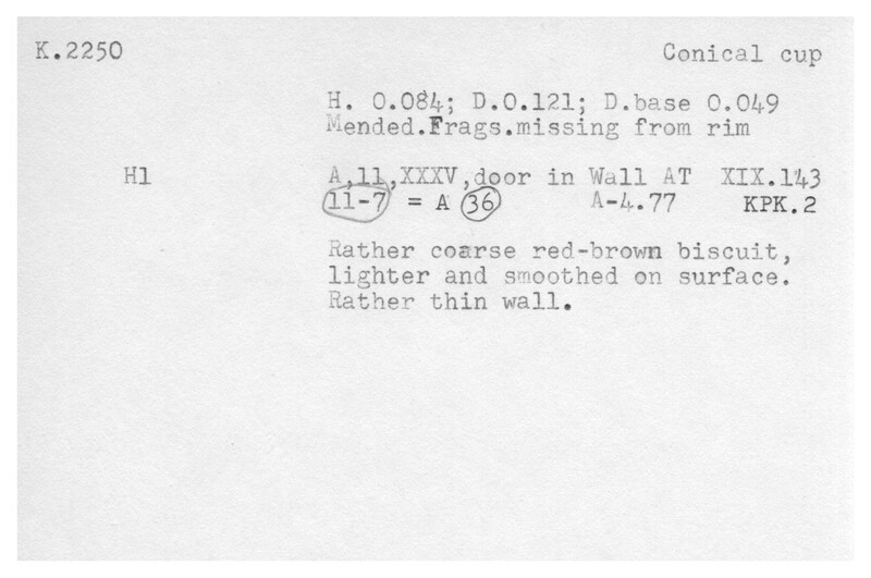 Index card with typed and handwritten information, sometimes including a sketch, of pottery from an excavation.