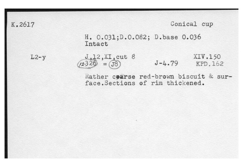 Index card with typed and handwritten information, sometimes including a sketch, of pottery from an excavation.