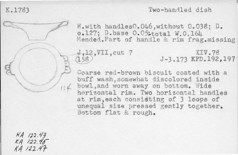 Index card with typed and handwritten information, sometimes including a sketch, of pottery from an excavation.