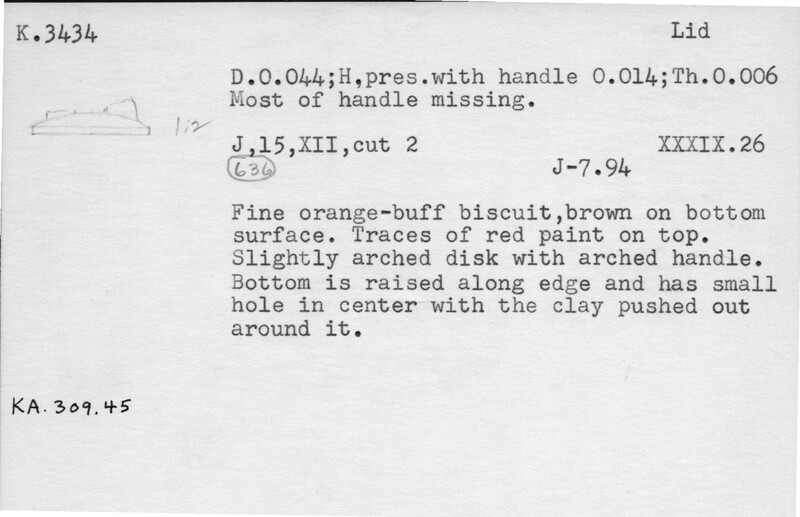 Index card with typed and handwritten information, sometimes including a sketch, of pottery from an excavation.