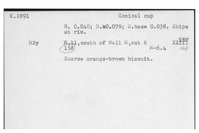 Index card with typed and handwritten information, sometimes including a sketch, of pottery from an excavation.