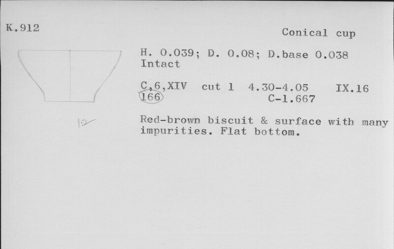 Index card with typed and handwritten information, sometimes including a sketch, of pottery from an excavation.