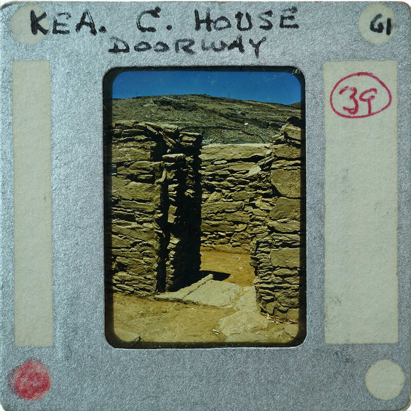 A vintage film strip showing a stone structure with a doorway, labeled "Kea C. House DOORWAY" and marked with the number "39".