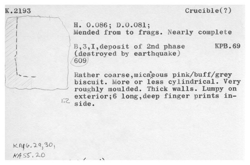 Index card with typed and handwritten information, sometimes including a sketch, of pottery from an excavation.