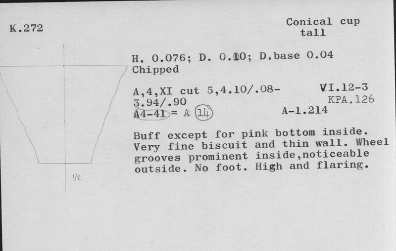 Index card with typed and handwritten information, sometimes including a sketch, of pottery from an excavation.