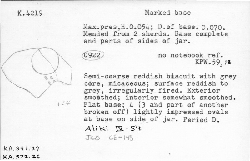 Index card with typed and handwritten information, sometimes including a sketch, of pottery from an excavation.