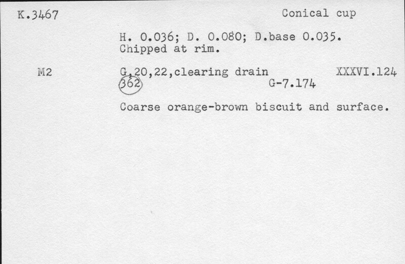 Index card with typed and handwritten information, sometimes including a sketch, of pottery from an excavation.