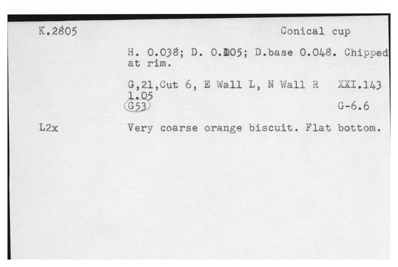 Index card with typed and handwritten information, sometimes including a sketch, of pottery from an excavation.