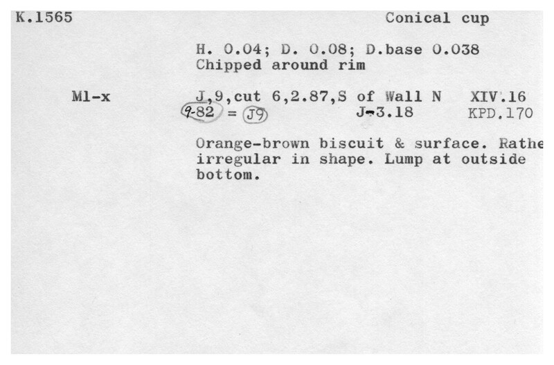 Index card with typed and handwritten information, sometimes including a sketch, of pottery from an excavation.