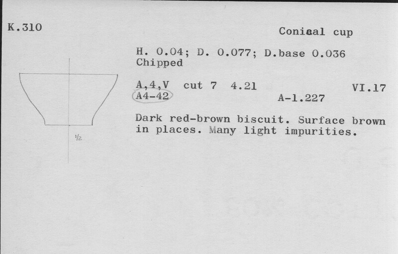 Index card with typed and handwritten information, sometimes including a sketch, of pottery from an excavation.