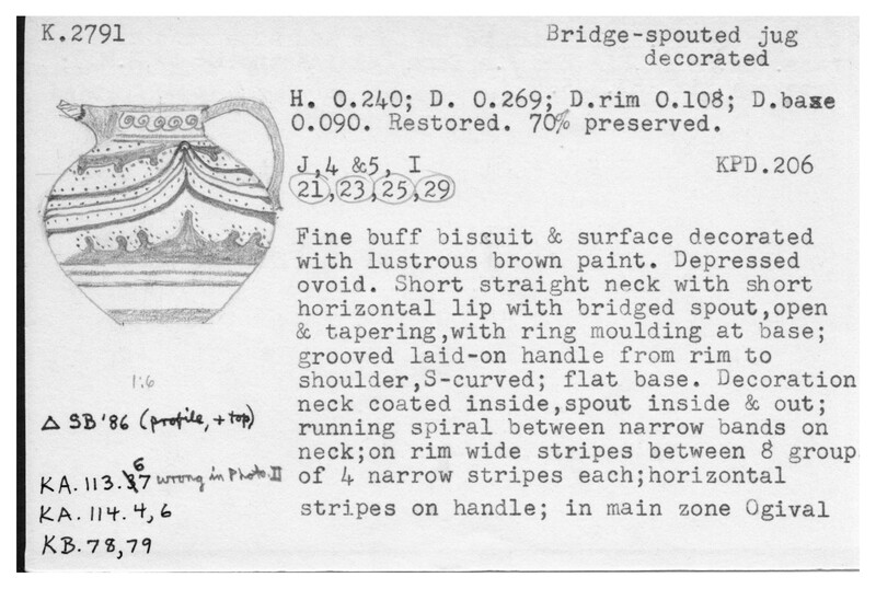 Index card with typed and handwritten information, sometimes including a sketch, of pottery from an excavation.