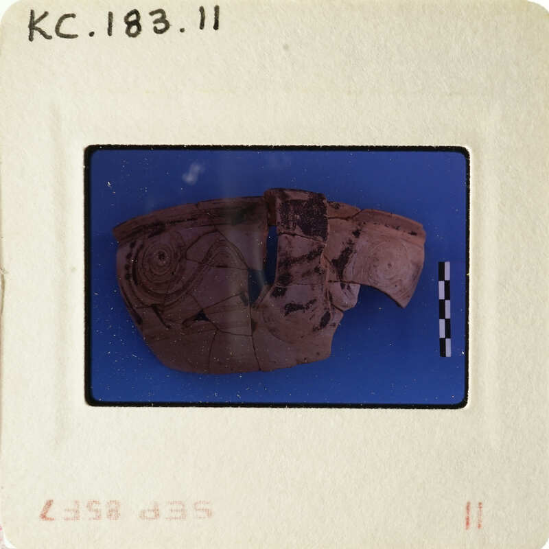 Ancient artifact, possibly pottery with intricate designs, displayed on blue background.