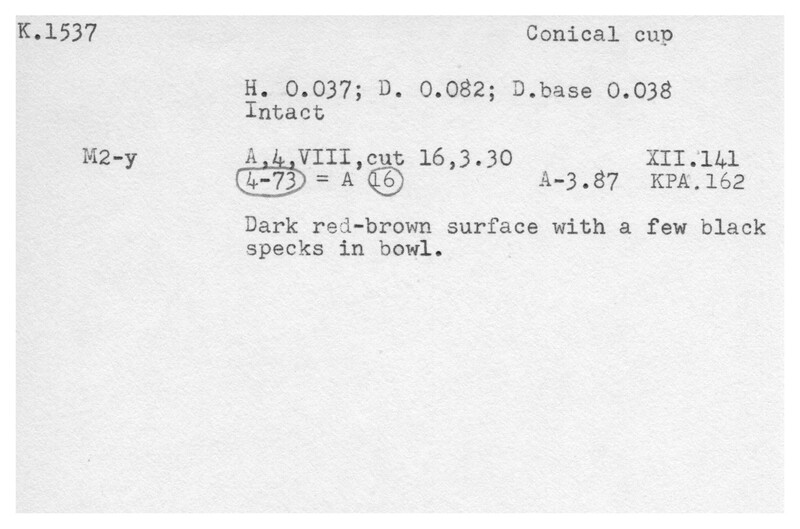 Index card with typed and handwritten information, sometimes including a sketch, of pottery from an excavation.