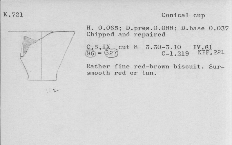 Index card with typed and handwritten information, sometimes including a sketch, of pottery from an excavation.