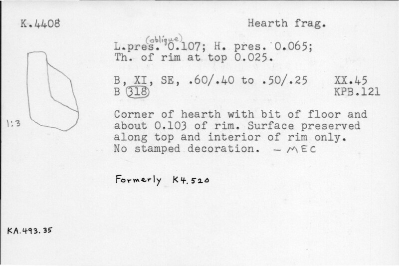 Index card with typed and handwritten information, sometimes including a sketch, of pottery from an excavation.