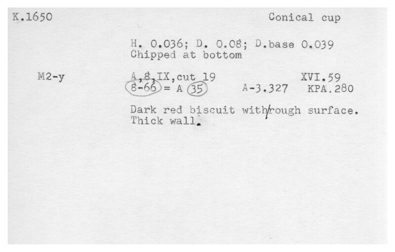 Index card with typed and handwritten information, sometimes including a sketch, of pottery from an excavation.