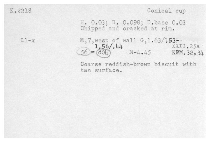 Index card with typed and handwritten information, sometimes including a sketch, of pottery from an excavation.