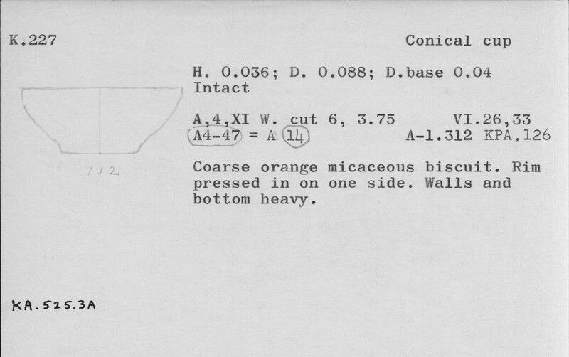 Index card with typed and handwritten information, sometimes including a sketch, of pottery from an excavation.