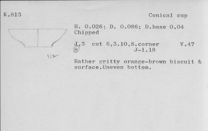 Index card with typed and handwritten information, sometimes including a sketch, of pottery from an excavation.