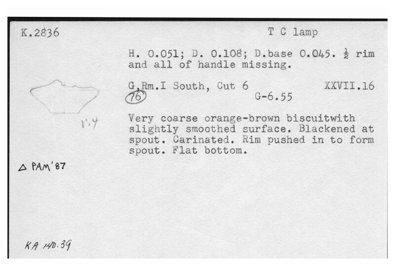 Index card with typed and handwritten information, sometimes including a sketch, of pottery from an excavation.