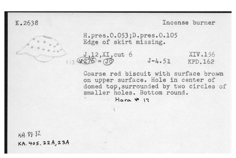 Index card with typed and handwritten information, sometimes including a sketch, of pottery from an excavation.