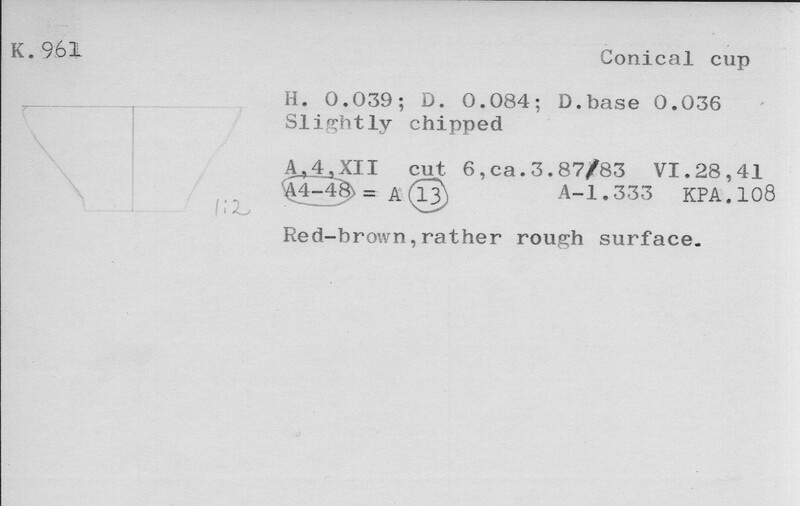 Index card with typed and handwritten information, sometimes including a sketch, of pottery from an excavation.