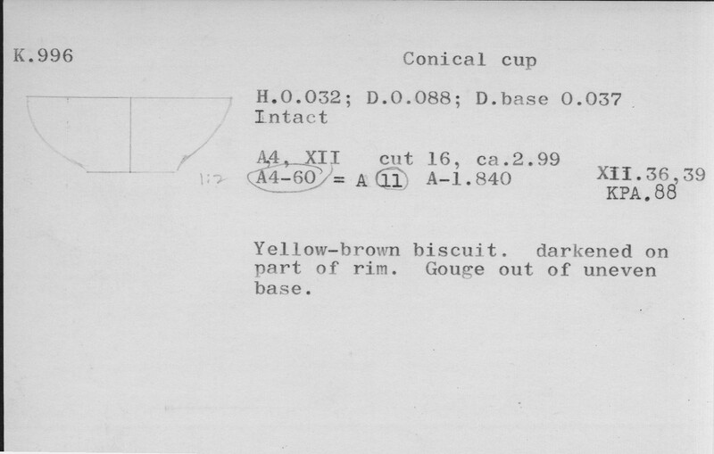 Index card with typed and handwritten information, sometimes including a sketch, of pottery from an excavation.